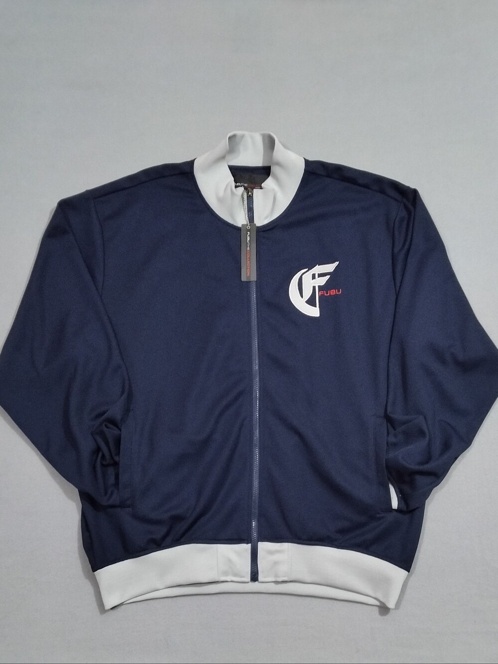 Fubu Collection Full Length Zip Up Embroidered Track Jacket Mens Large Blue Grey